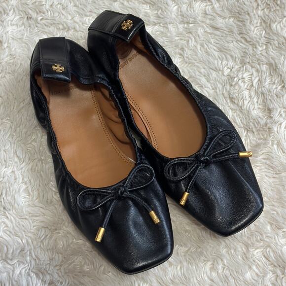 Tory Burch Shoes - Tory Burch Sz 7 Black Gold Square Toe Bow Tie Nappa Leather Ballet Flats Shoes